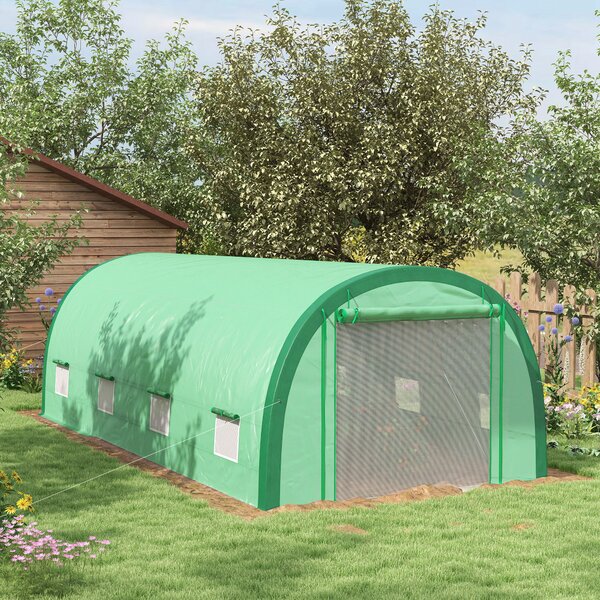 Outsunny 6 x 3(m) Polytunnel Greenhouse with Upgraded Structure, Mesh Door and Windows, 15 Plant Labels, Green Aosom UK