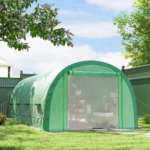 Outsunny 6 x 3(m) Polytunnel Greenhouse with Upgraded Structure, Mesh Door and Windows, 15 Plant Labels, Green Aosom UK