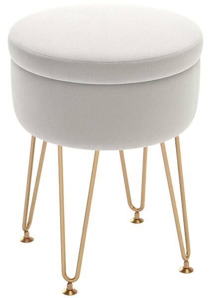 HOMCOM 5L Velvet Storage Ottoman, Modern Round Footstool with Metal Hairpin Legs and Removable Lid for Hallway, Bedroom, Living Room, Cream White