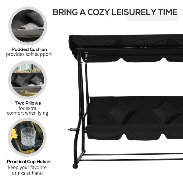 Outsunny Water Resistant Fabric 3-Seater Swing Chair w/ Cup Holder Black