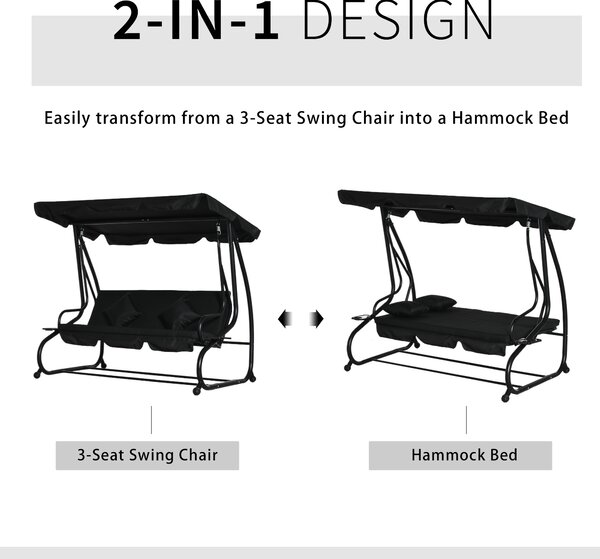 Outsunny Water Resistant Fabric 3-Seater Swing Chair w/ Cup Holder Black