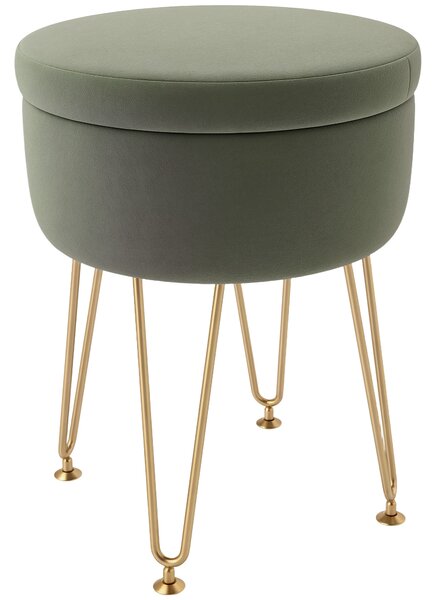 HOMCOM 5L Velvet Storage Ottoman, Modern Round Footstool with Metal Hairpin Legs and Removable Lid for Hallway, Bedroom, Living Room, Green