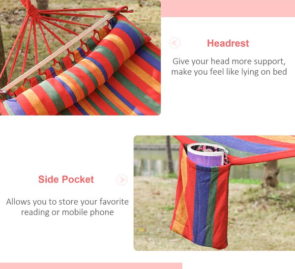 Outsunny Portable Cotton Hammock Swing w/ Headrest & Side Pocket, Deluxe Soft Sleeping Chair for Beach, Yard, Bedroom, Patio, 270 x 80 cm Aosom UK