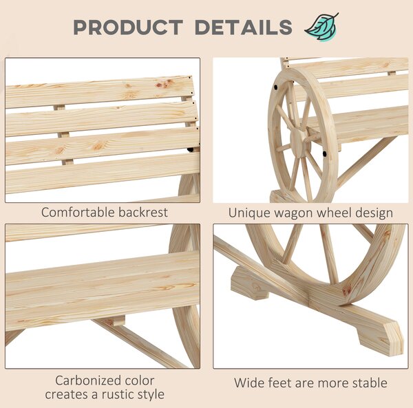 Outsunny Wagon Wheel Chair Bench Armrest Rustic Loveseat Wood Outdoor Garden, Natural