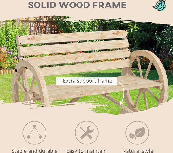 Outsunny Wagon Wheel Chair Bench Armrest Rustic Loveseat Wood Outdoor Garden, Natural