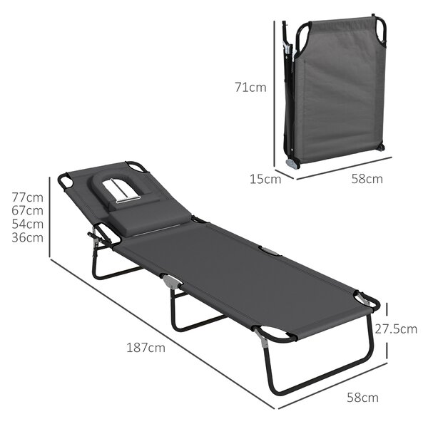 Outsunny Foldable Sun Lounger Set, 2-Pack, 4-Level Backrest, Pillow & Reading Hole, Lightweight for Garden Relaxation, Dark Grey Aosom UK