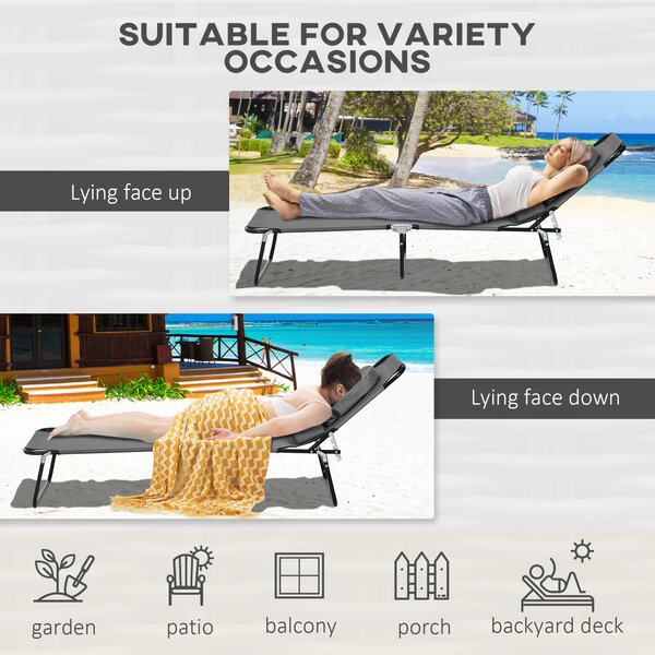 Outsunny Foldable Sun Lounger Set, 2-Pack, 4-Level Backrest, Pillow & Reading Hole, Lightweight for Garden Relaxation, Dark Grey Aosom UK
