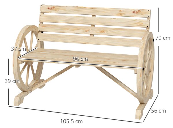 Outsunny Wagon Wheel Chair Bench Armrest Rustic Loveseat Wood Outdoor Garden, Natural