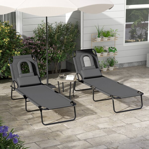 Outsunny Foldable Sun Lounger Set, 2-Pack, 4-Level Backrest, Pillow & Reading Hole, Lightweight for Garden Relaxation, Dark Grey Aosom UK