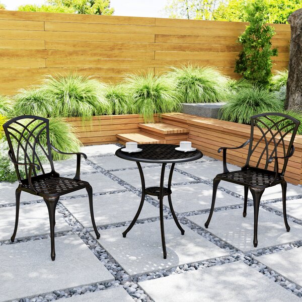 Outsunny 3 Pieces Bistro Table and Chairs for 2, Outdoor Dining Set with 2 Armchairs and Round Dining Table with Parasol Hole, Bronze Tone Aosom UK