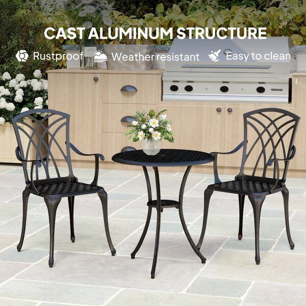 Outsunny 3 Pieces Bistro Table and Chairs for 2, Outdoor Dining Set with 2 Armchairs and Round Dining Table with Parasol Hole, Bronze Tone Aosom UK