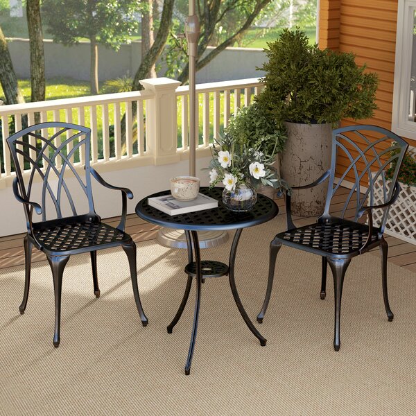 Outsunny 3 Pieces Bistro Table and Chairs for 2, Outdoor Dining Set with 2 Armchairs and Round Dining Table with Parasol Hole, Bronze Tone Aosom UK