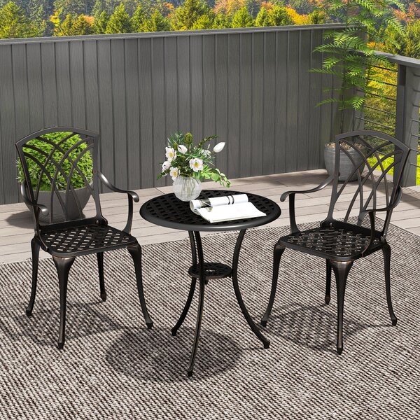 Outsunny 3 Pieces Bistro Table and Chairs for 2, Outdoor Dining Set with 2 Armchairs and Round Dining Table with Parasol Hole, Bronze Tone Aosom UK