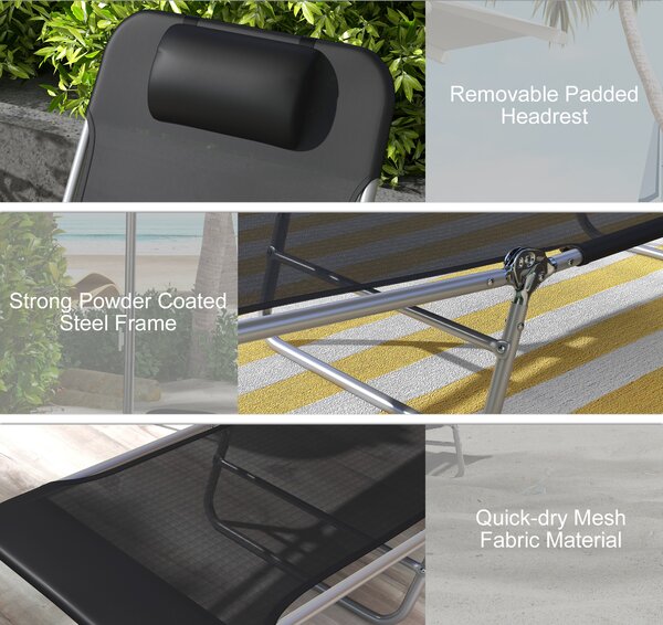Outsunny Set of Two Steel Frame Sun Loungers, with Reclining Backs - Black