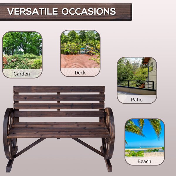 Outsunny 2 Seater Garden Bench Comfortable Fir Logs Love Chair w/ Wheel-Shaped Armrests, Outdoor Adirondack Wooden Loveseats Aosom UK