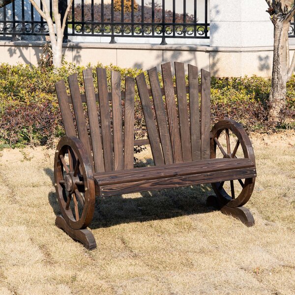 Outsunny 2 Seater Garden Bench Comfortable Fir Logs Love Chair w/ Wheel-Shaped Armrests, Outdoor Adirondack Wooden Loveseats Aosom UK