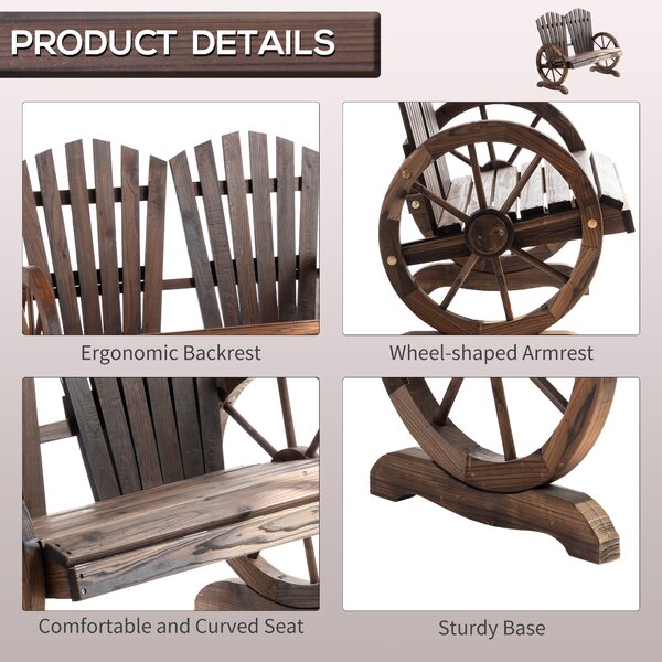 Outsunny 2 Seater Garden Bench Comfortable Fir Logs Love Chair w/ Wheel-Shaped Armrests, Outdoor Adirondack Wooden Loveseats Aosom UK