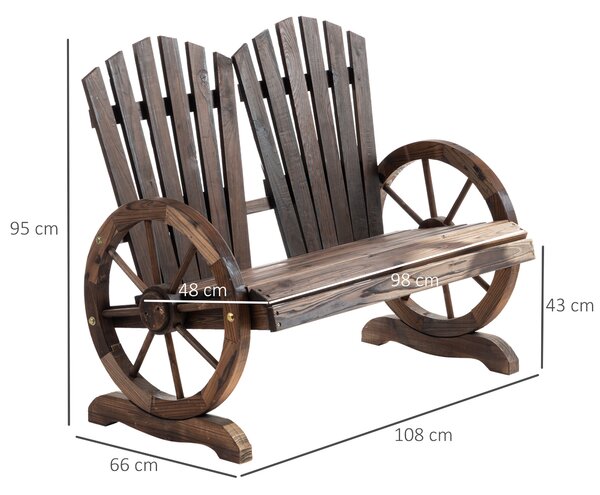 Outsunny 2 Seater Garden Bench Comfortable Fir Logs Love Chair w/ Wheel-Shaped Armrests, Outdoor Adirondack Wooden Loveseats Aosom UK