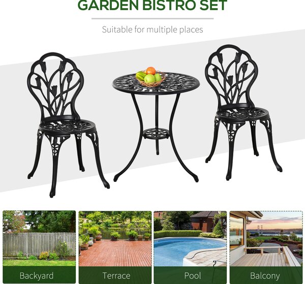Outsunny 3 Piece Patio Bistro Set, Outdoor Aluminium Garden Table and Chairs with Umbrella Hole for Balcony, Black