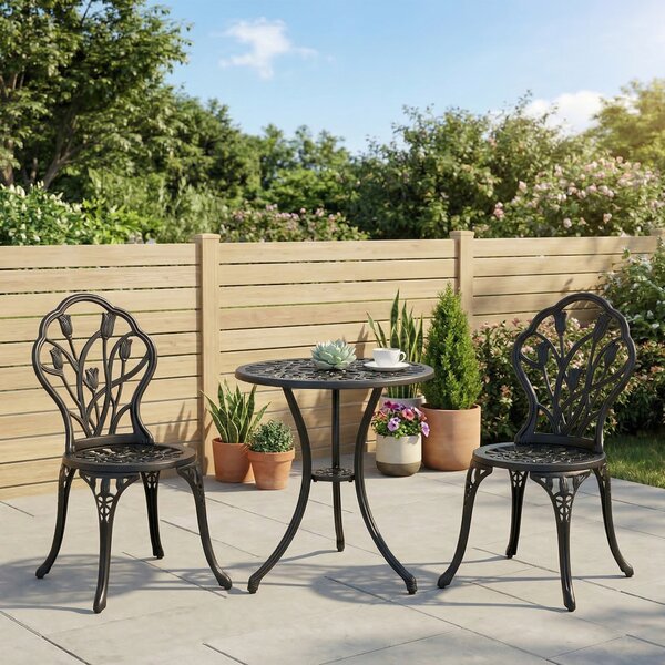 Outsunny 3 Piece Patio Bistro Set, Outdoor Aluminium Garden Table and Chairs with Umbrella Hole for Balcony, Black