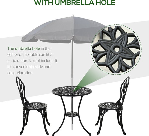 Outsunny 3 Piece Patio Bistro Set, Outdoor Aluminium Garden Table and Chairs with Umbrella Hole for Balcony, Black