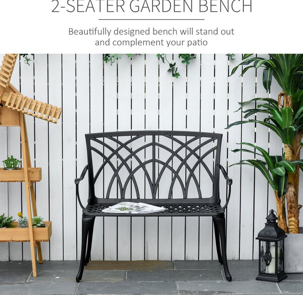 Outsunny 2-Seater Aluminium Garden Bench Loveseat Outdoor Furniture w/ Decorative Backrest & Ergonomic Armrest for Patio Terrace Porch