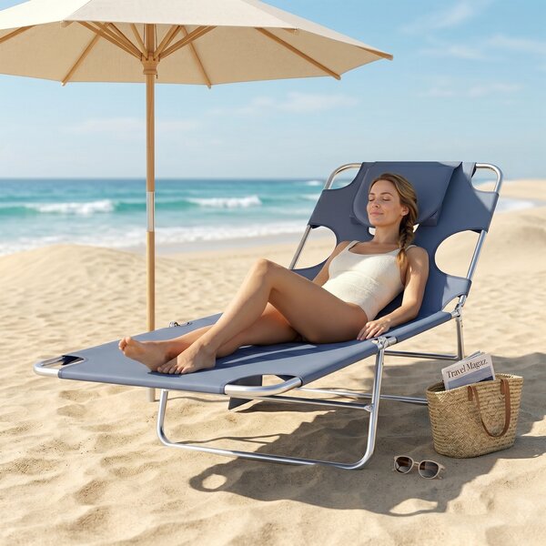 Outsunny Beach Chaise Lounge with Face Hole and Arm Slots, Portable Sun Lounger, 5-Position Reclining, Grey Aosom UK