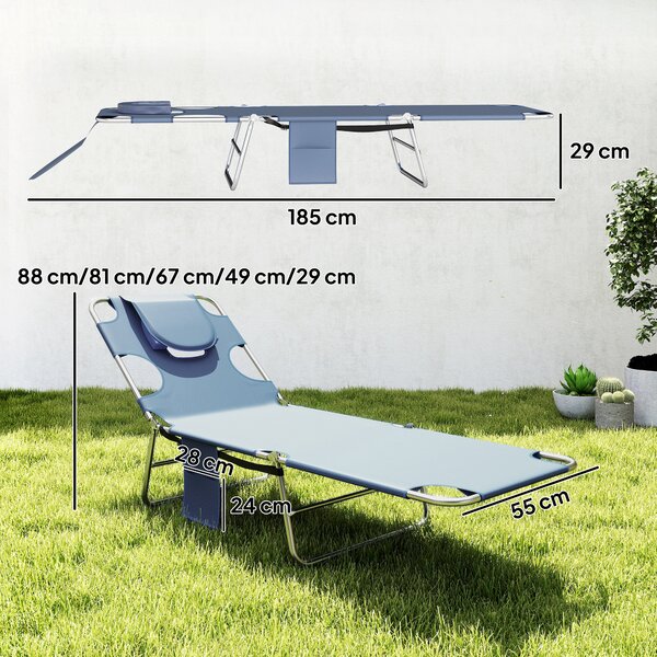 Outsunny Beach Chaise Lounge with Face Hole and Arm Slots, Portable Sun Lounger, 5-Position Reclining, Grey Aosom UK