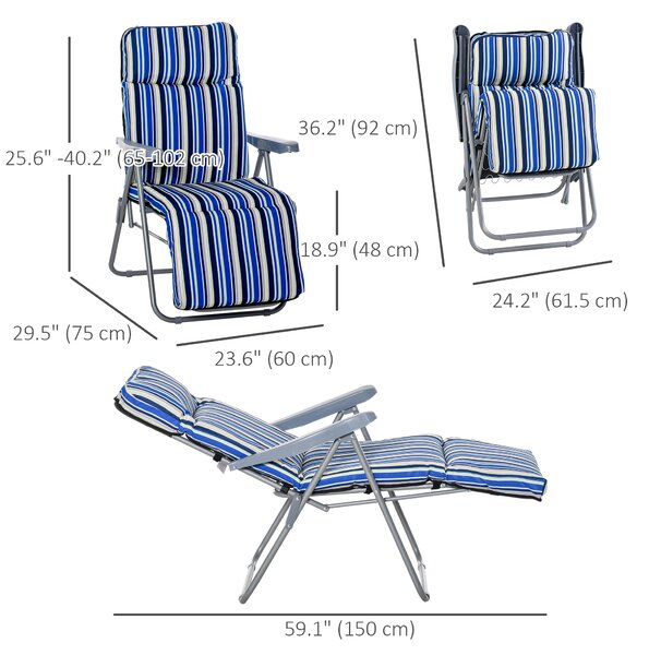 Outsunny Set of 2 Garden Sun Lounger Outdoor Reclining Seat Cushioned Seat Foldable Adjustable Recliner Blue and White Aosom UK