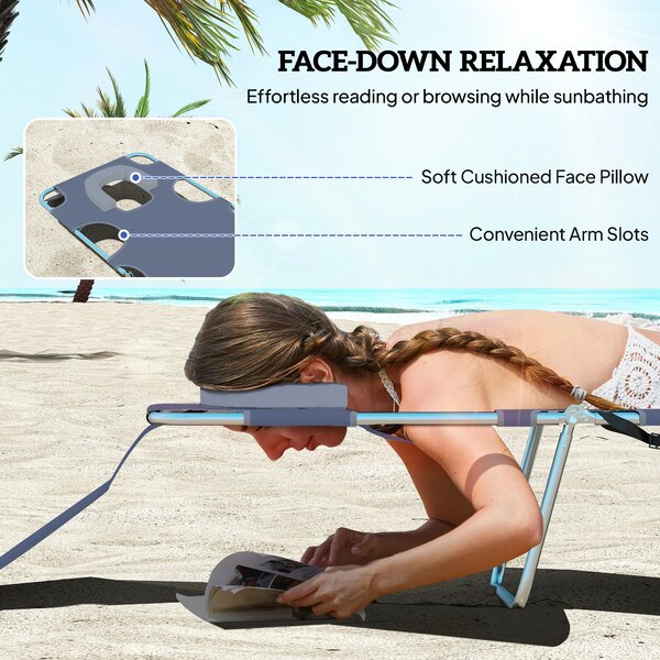 Outsunny Beach Chaise Lounge with Face Hole and Arm Slots, Portable Sun Lounger, 5-Position Reclining, Grey Aosom UK