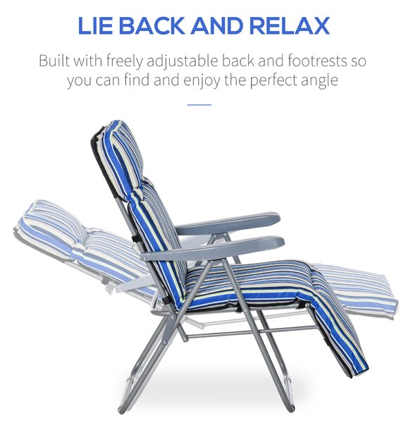 Outsunny Set of 2 Garden Sun Lounger Outdoor Reclining Seat Cushioned Seat Foldable Adjustable Recliner Blue and White Aosom UK