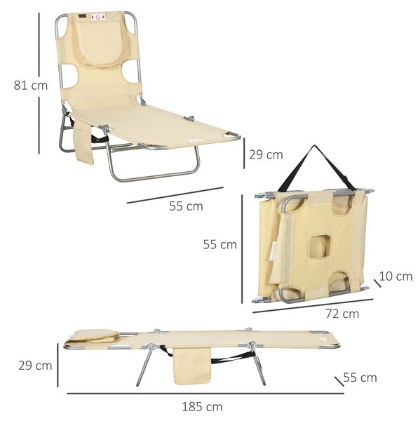 Outsunny Beach Chaise Lounge with Reading Hole, Foldable, Arm Slots, 5-Position Backrest, Side Pocket, Pillow, Beige Aosom UK