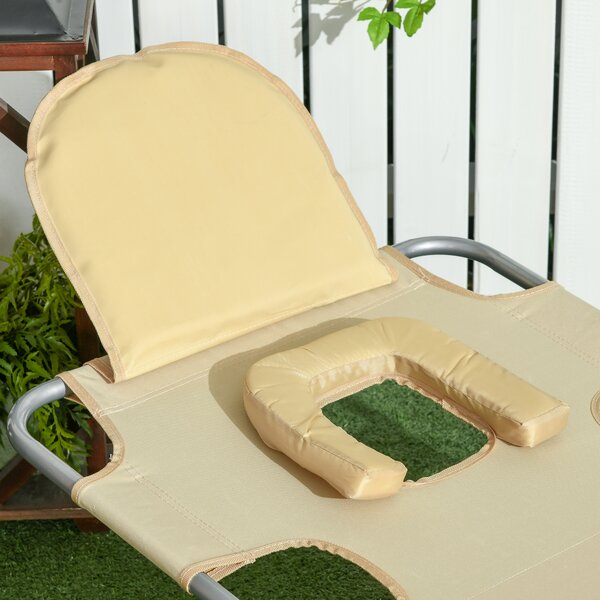 Outsunny Beach Chaise Lounge with Reading Hole, Foldable, Arm Slots, 5-Position Backrest, Side Pocket, Pillow, Beige Aosom UK