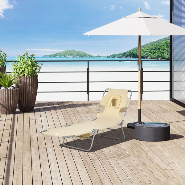 Outsunny Beach Chaise Lounge with Reading Hole, Foldable, Arm Slots, 5-Position Backrest, Side Pocket, Pillow, Beige Aosom UK