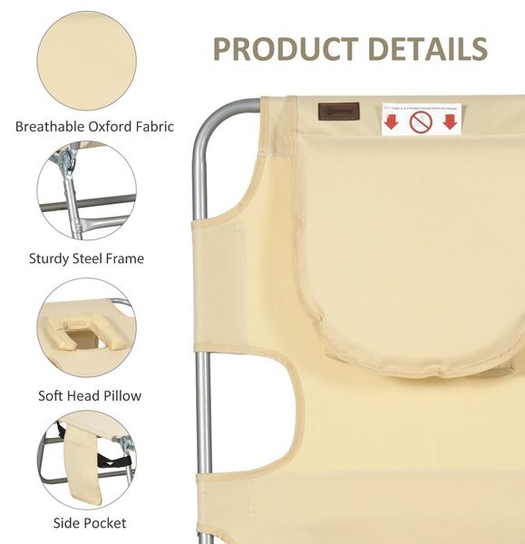 Outsunny Beach Chaise Lounge with Reading Hole, Foldable, Arm Slots, 5-Position Backrest, Side Pocket, Pillow, Beige Aosom UK