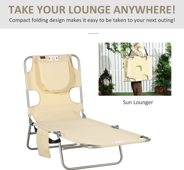 Outsunny Beach Chaise Lounge with Reading Hole, Foldable, Arm Slots, 5-Position Backrest, Side Pocket, Pillow, Beige Aosom UK