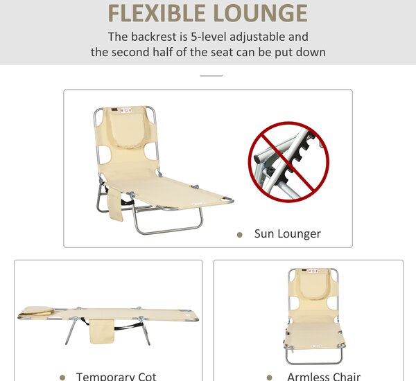 Outsunny Beach Chaise Lounge with Reading Hole, Foldable, Arm Slots, 5-Position Backrest, Side Pocket, Pillow, Beige Aosom UK