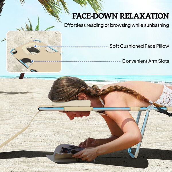 Outsunny Beach Chaise Lounge with Reading Hole, Foldable, Arm Slots, 5-Position Backrest, Side Pocket, Pillow, Beige Aosom UK