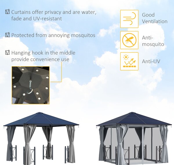 Outsunny 3 x 3(m) Hardtop Gazebo Canopy with Polycarbonate Roof, Steel & Aluminium Frame, Garden Pavilion with Mosquito Netting and Curtains, Black
