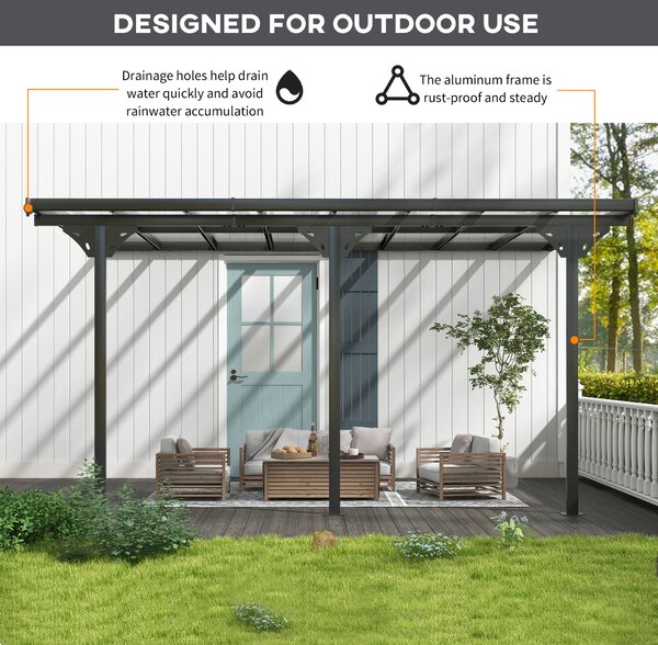 Outsunny 4.35 x 3m Curtained Gazebo, Wall-mounted Aluminum Pergola with PC Roof for Patio, Grey Aosom UK