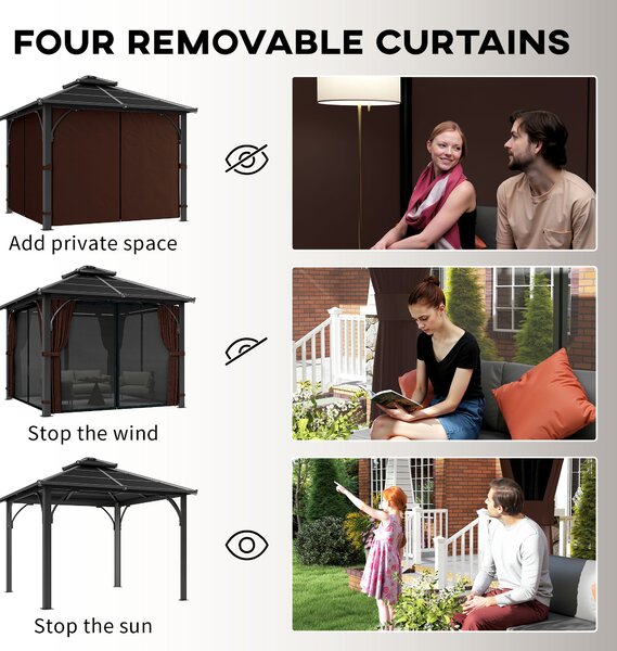Outsunny 3 x 3(m) Hardtop Gazebo Canopy with Double Polycarbonate Roof, Garden Gazebo Permanent Pavilion with Mosquito Netting and Curtains, Brown