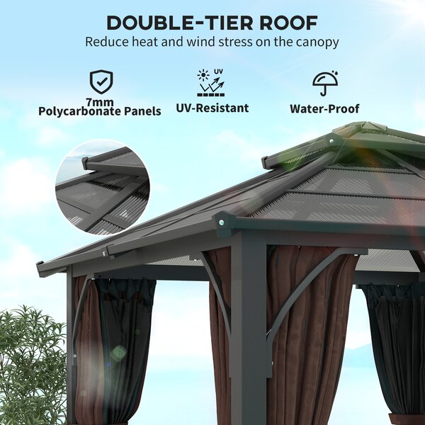 Outsunny 3 x 3(m) Hardtop Gazebo Canopy with Double Polycarbonate Roof, Garden Gazebo Permanent Pavilion with Mosquito Netting and Curtains, Brown