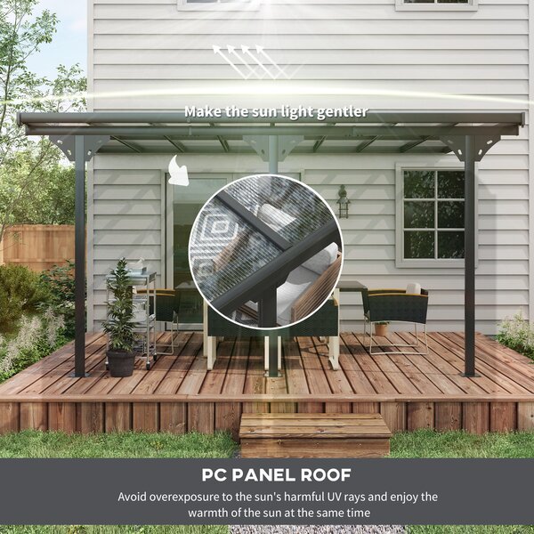 Outsunny 4.35 x 3m Curtained Gazebo, Wall-mounted Aluminum Pergola with PC Roof for Patio, Grey Aosom UK