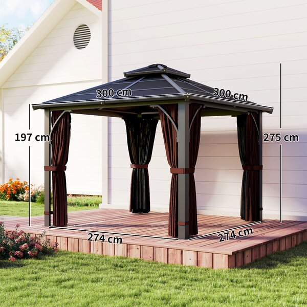 Outsunny 3 x 3(m) Hardtop Gazebo Canopy with Double Polycarbonate Roof, Garden Gazebo Permanent Pavilion with Mosquito Netting and Curtains, Brown