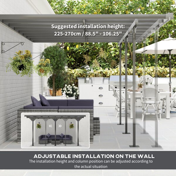 Outsunny 4.35 x 3m Curtained Gazebo, Wall-mounted Aluminum Pergola with PC Roof for Patio, Grey Aosom UK