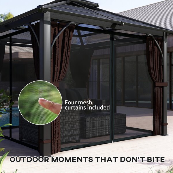 Outsunny 3 x 3(m) Hardtop Gazebo Canopy with Double Polycarbonate Roof, Garden Gazebo Permanent Pavilion with Mosquito Netting and Curtains, Brown