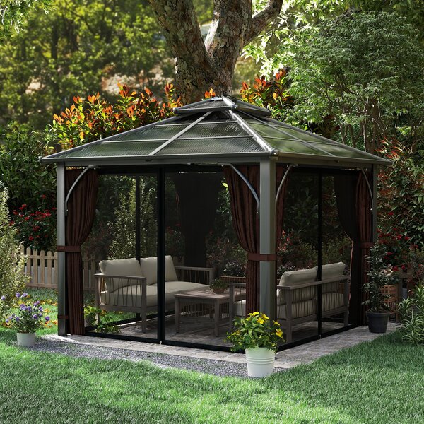 Outsunny 3 x 3(m) Hardtop Gazebo Canopy with Double Polycarbonate Roof, Garden Gazebo Permanent Pavilion with Mosquito Netting and Curtains, Brown