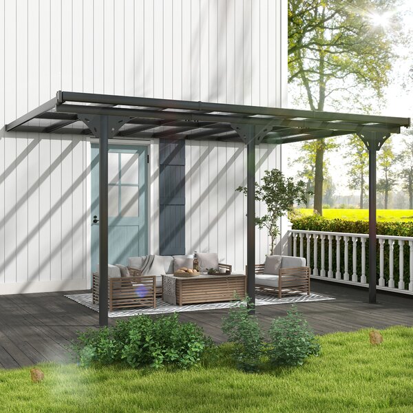 Outsunny 4.35 x 3m Curtained Gazebo, Wall-mounted Aluminum Pergola with PC Roof for Patio, Grey Aosom UK