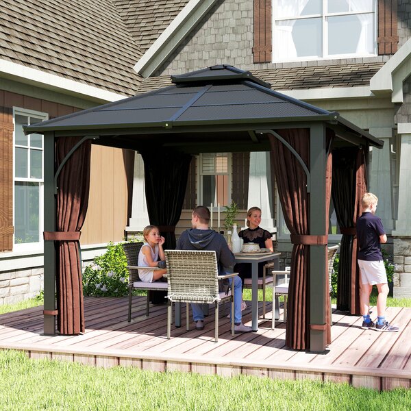 Outsunny 3 x 3(m) Hardtop Gazebo Canopy with Double Polycarbonate Roof, Garden Gazebo Permanent Pavilion with Mosquito Netting and Curtains, Brown