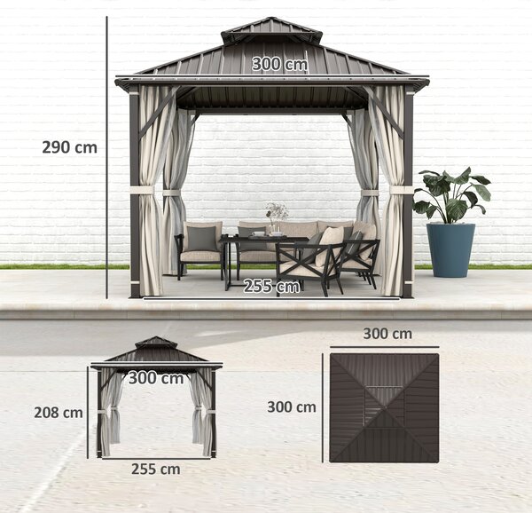 Outsunny 3 x 3(m) Hardtop Gazebo Canopy with Double Metal Roof, Waterproof Permanent Pavilion Garden Gazebo with Netting and Curtains, Easy to Assemble